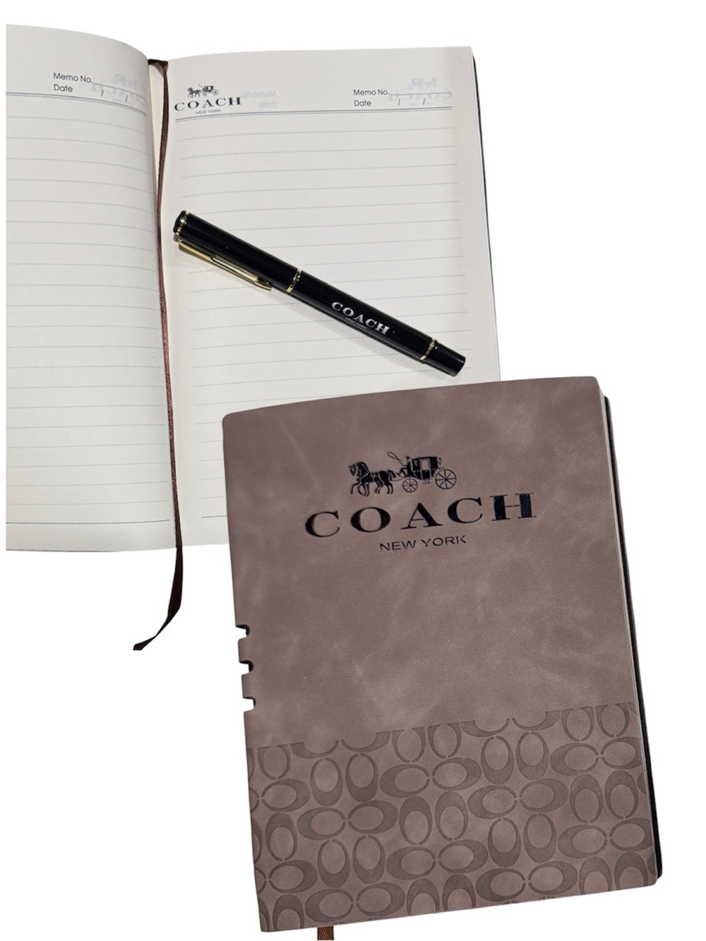 COACH *NEW* Taupe Brown Leather Notebook Journal with Black Pen Set